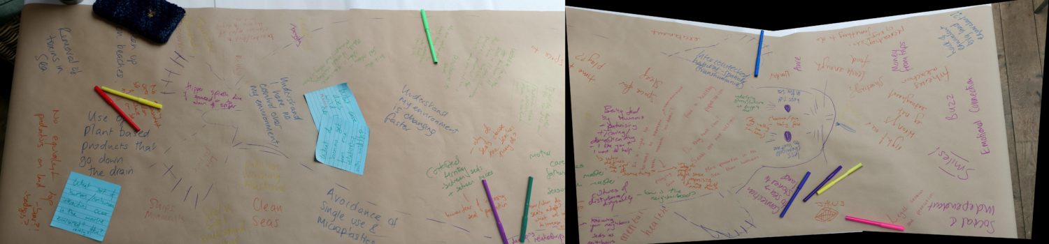 Flipchart paper with comments about people and seals
