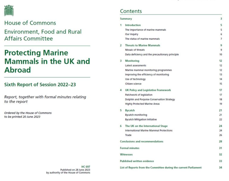Front cover and contents of the EFRA Committee Marine Mammals Report requesting a seal law change 