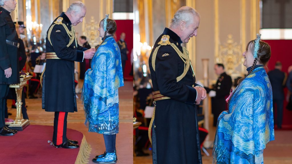 Photos of Sue being presented with her MBE by King Charles, chatting, laughing and sharing seal and marine conservation stories 
