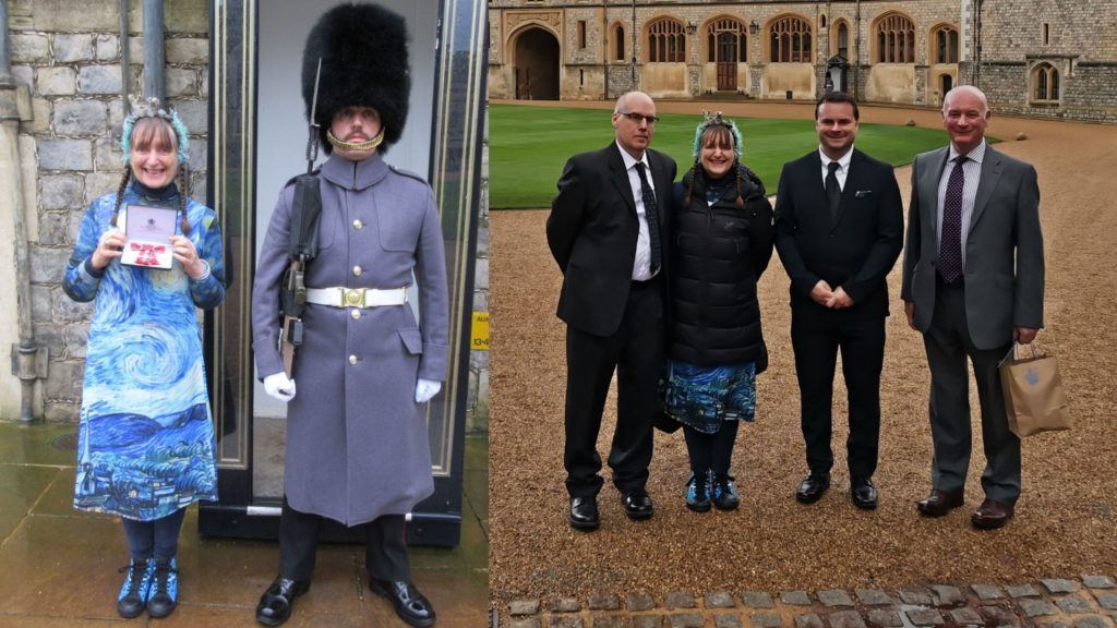 Photos of Sue holding her MBE up next to a straight faced Beefeater and enjoying Windsor Castle Grounds